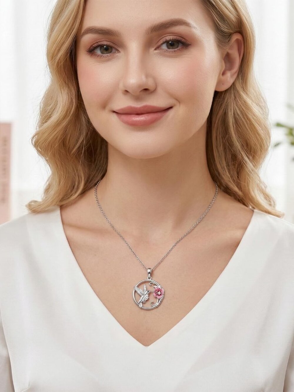 Diamond Hummingbird Necklace for Women, 925 Sterling Silver Red Flower Hummingbi - Picture 6 of 6